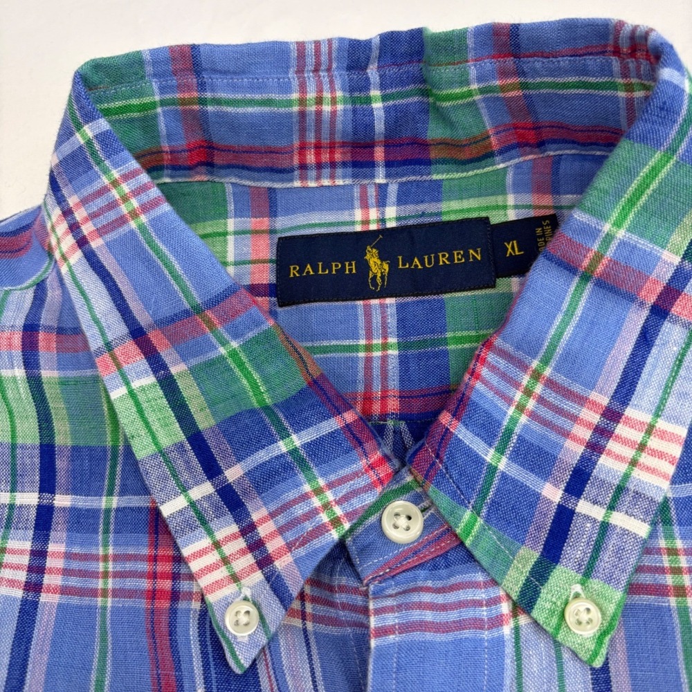 Ralph Lauren Linen Plaid Shirt XL Preppy Blue Button Down Short Sleeve Mens Top - Picture 5 of 11